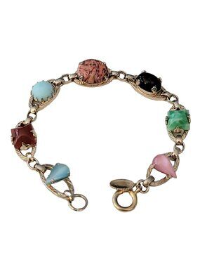 Gold Tone Imprint Oval Chain, Gemstone, Rhinestone Thumb Clasp Bracelet, Signed